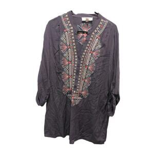 Luna Moon Shirt Gray Boho Embroidered Tunic Top Women's Size Large Artsy Blouse